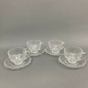KIG Indonesia Clear Glass Cups Saucers Sets Fruits Beaded Edge Lot of 8 Pieces